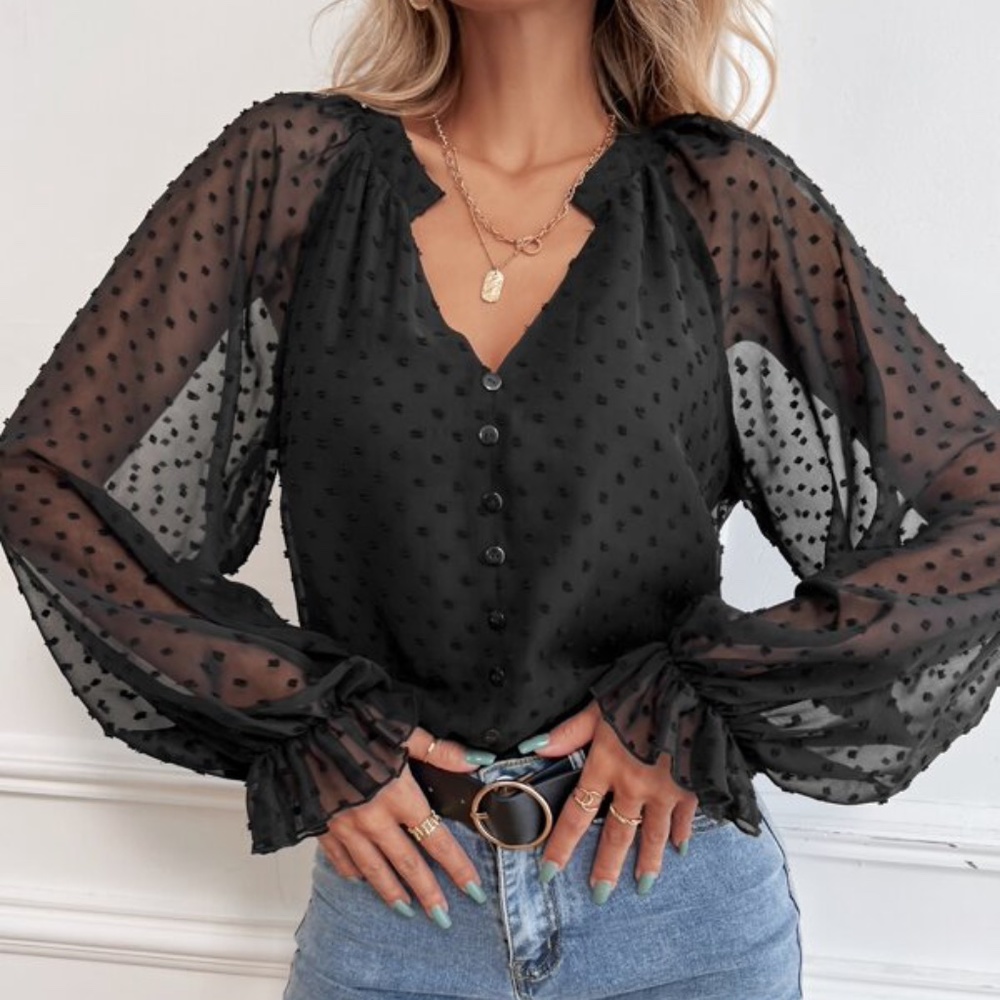 Boho Black Swiss Dot Button Ruffle Sleeve Sheer Top